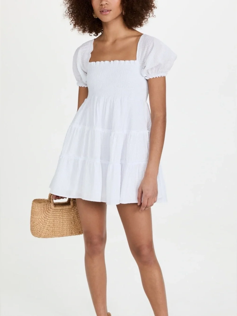 Pexioto NWT Coco White Smocked Puff Sleeve Mini Dress Size Medium - Picture 3 of 8